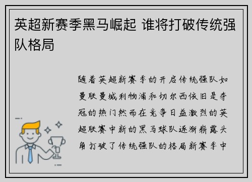 英超新赛季黑马崛起 谁将打破传统强队格局
