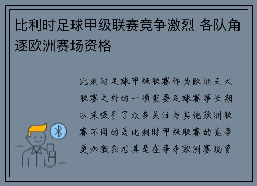 比利时足球甲级联赛竞争激烈 各队角逐欧洲赛场资格