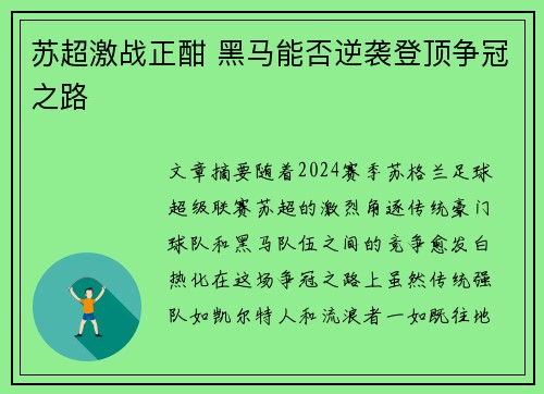 苏超激战正酣 黑马能否逆袭登顶争冠之路